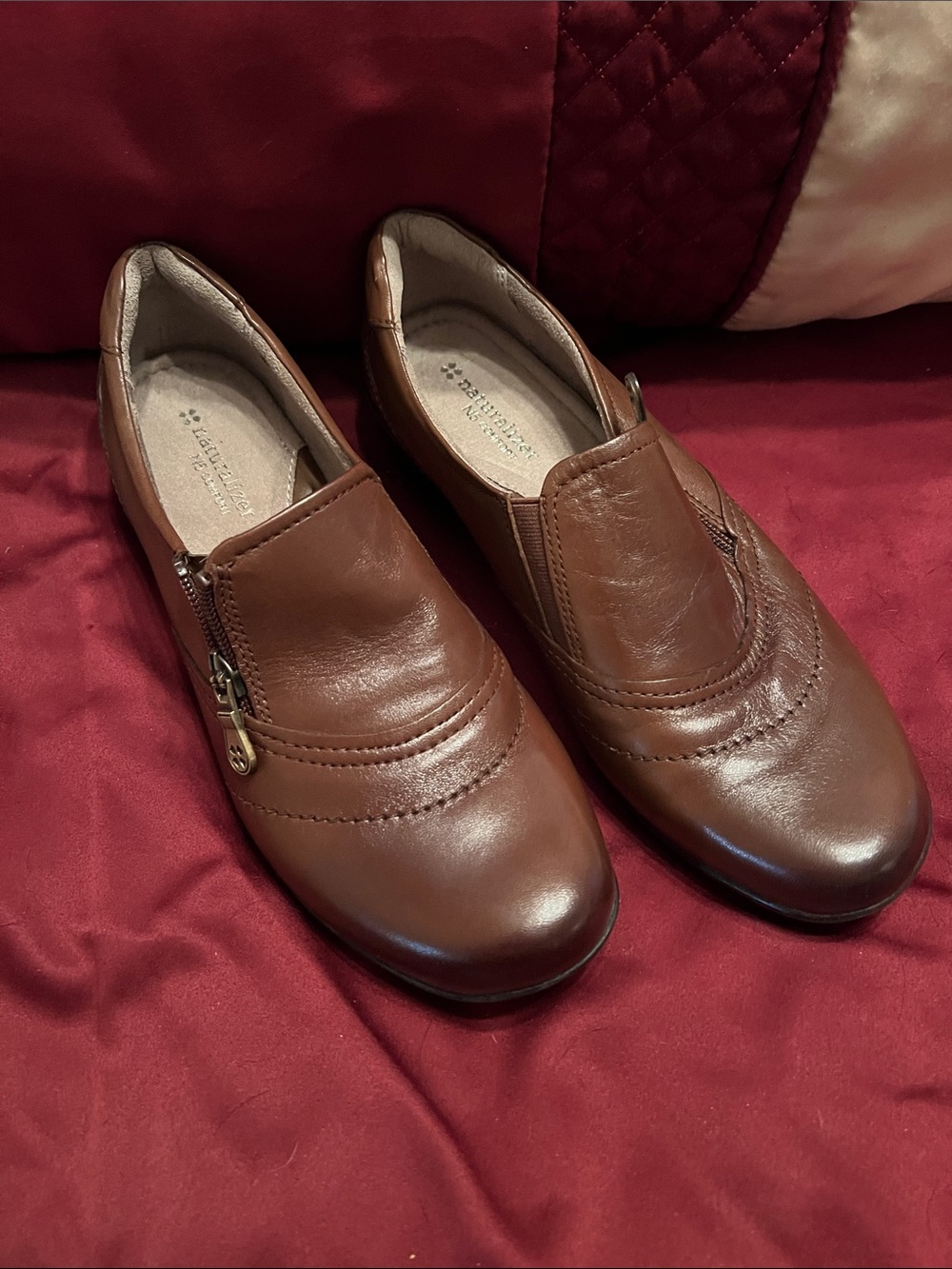 Naturalizer Brown Leather Slip-On Loafers with Side Zip Detail